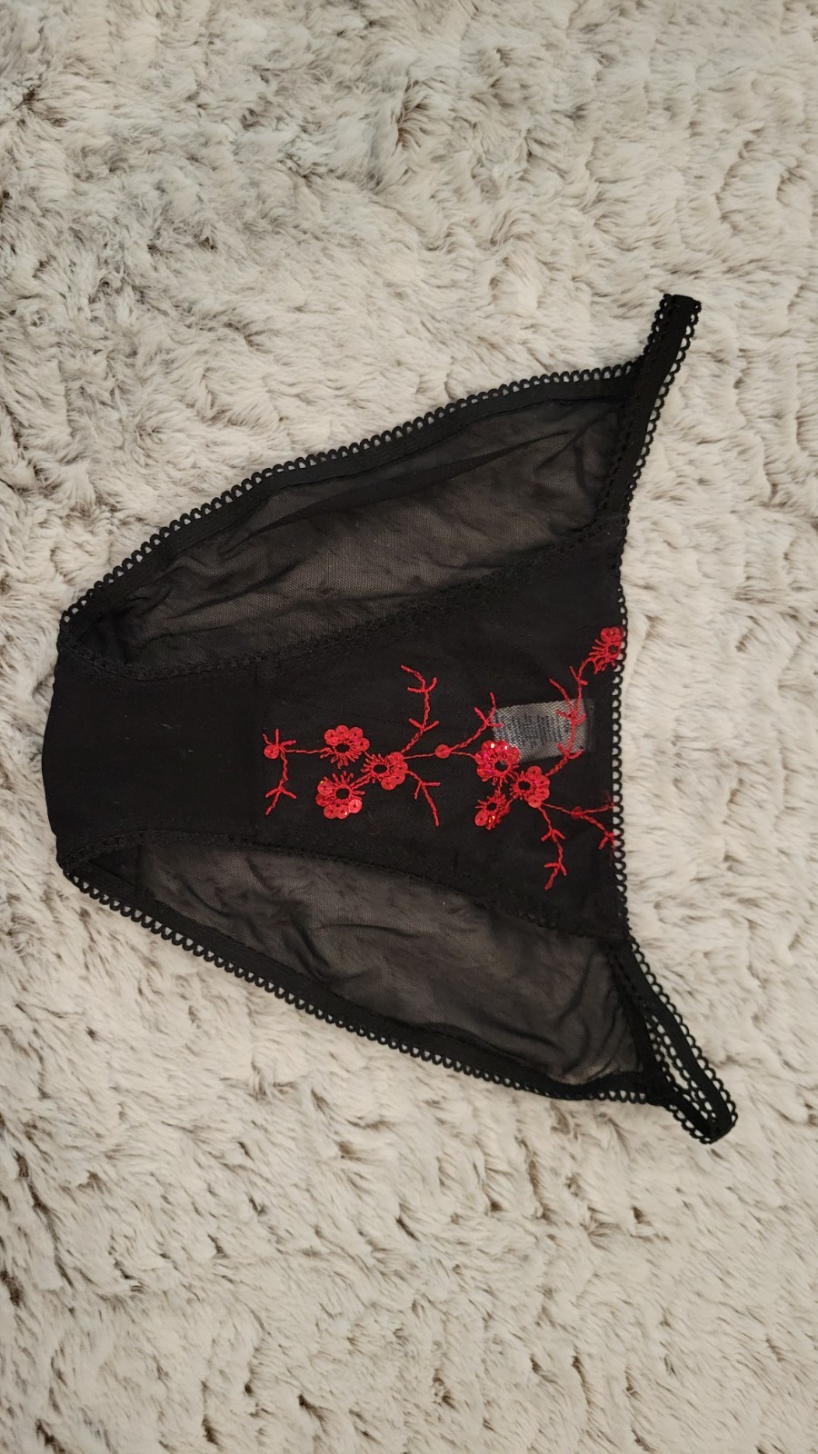 Ladies Black String Bikini with Red Sequin and Embroidered Flowers Panties