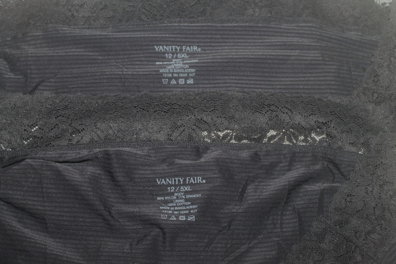 2 Pair Vanity Fair Radiant Collection Size 5 XL Black Light & Luxe Lace Hi Cut
