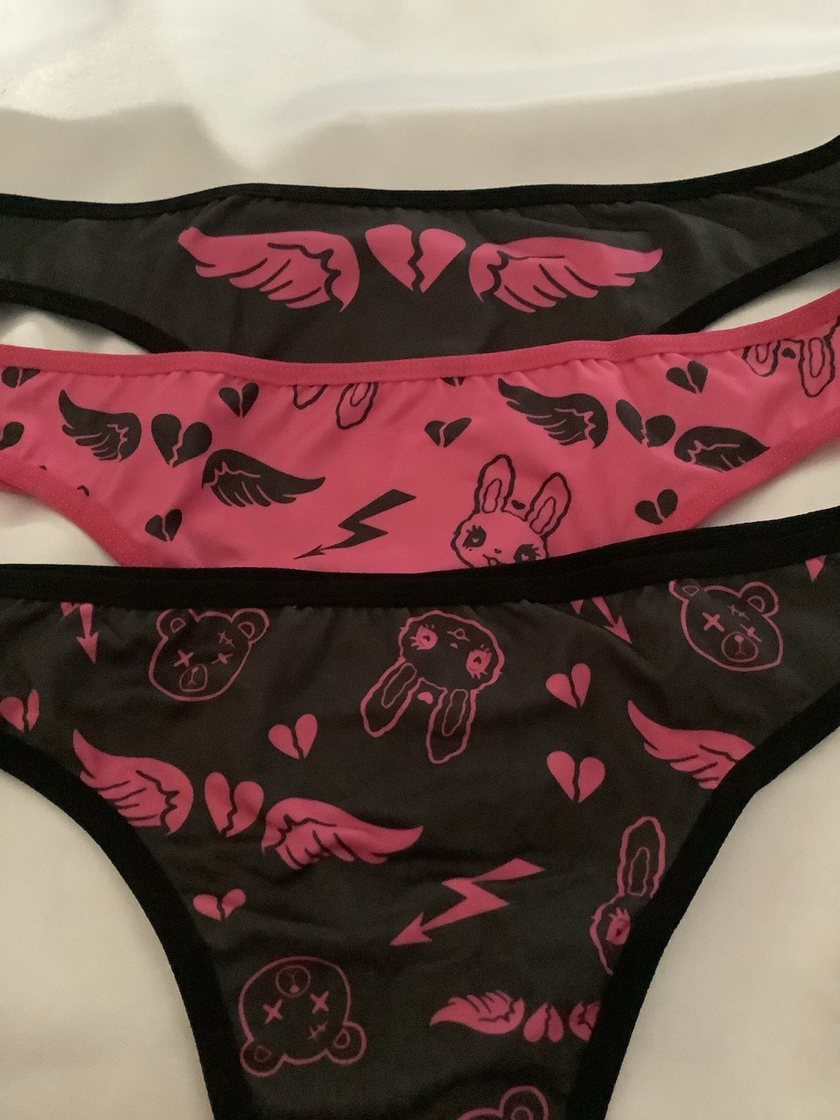 Women’s Anime Bear & Rabbit Heart Wing Pink Black Thong Panties 3PK. (6) Medium