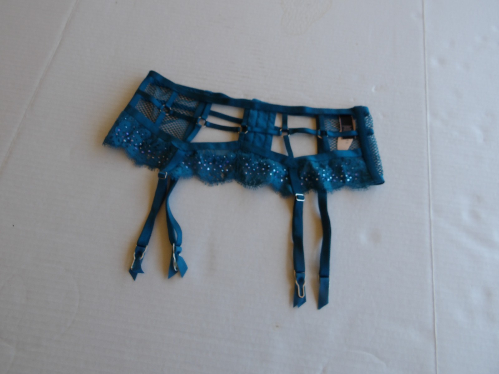Victoria Secret Garter Belt Shimmer Strappy Cage Look Teal Beaded M L $48 Whimsy