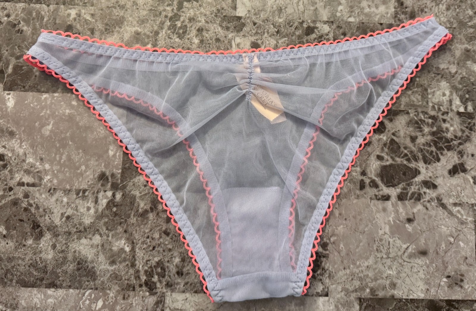 NWT VICTORIA’S SECRET SMALL BLUE MESH CORAL PICOT RUCHED RARE CHEEKINI PANTIES