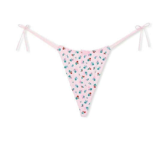 Victoria Secret PINK Cotton Side Tie V-String Thong Ribbed Butterfly Pink Floral