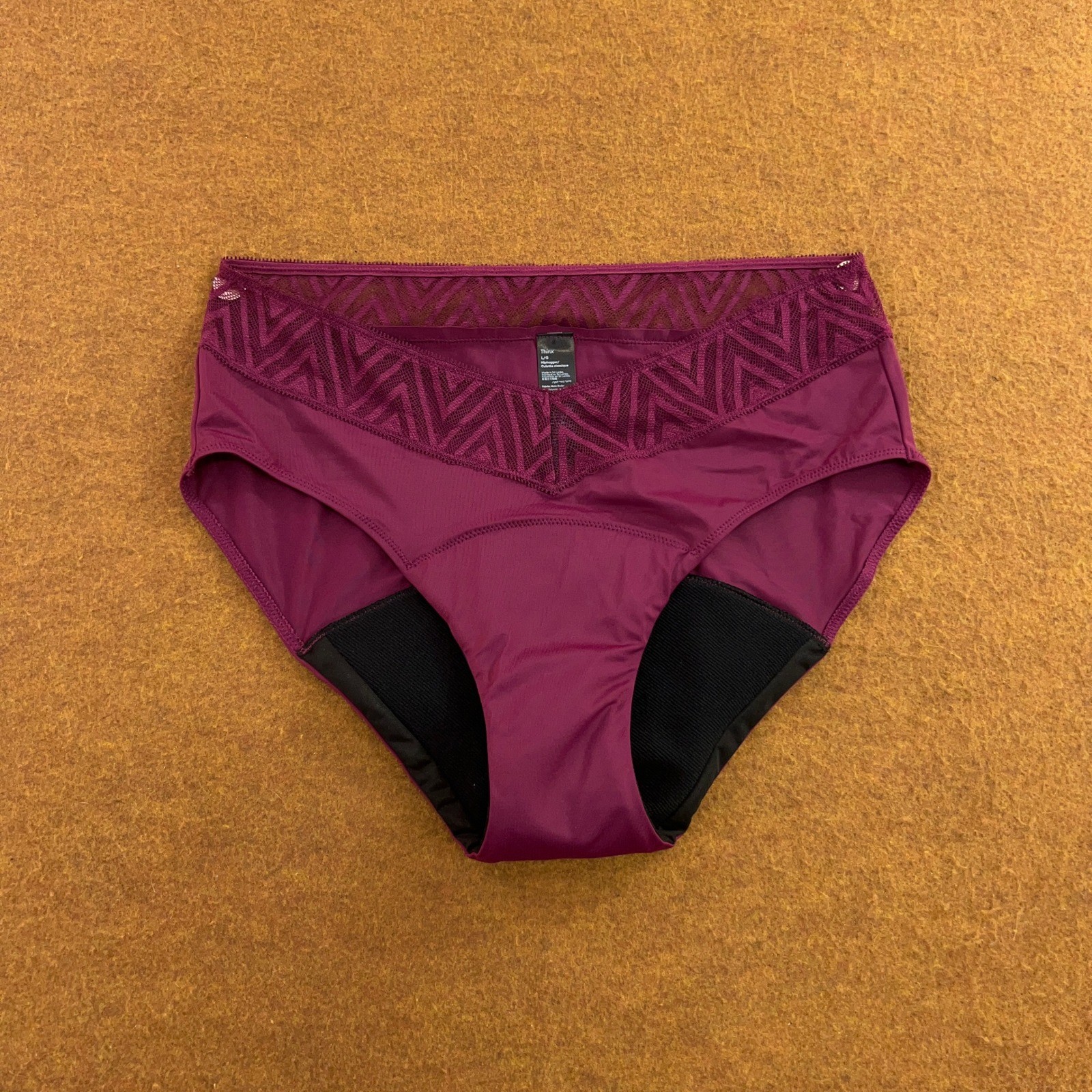 Thinx Womens Large Purple Lace Waist Hiphugger Period Underwear Panty New