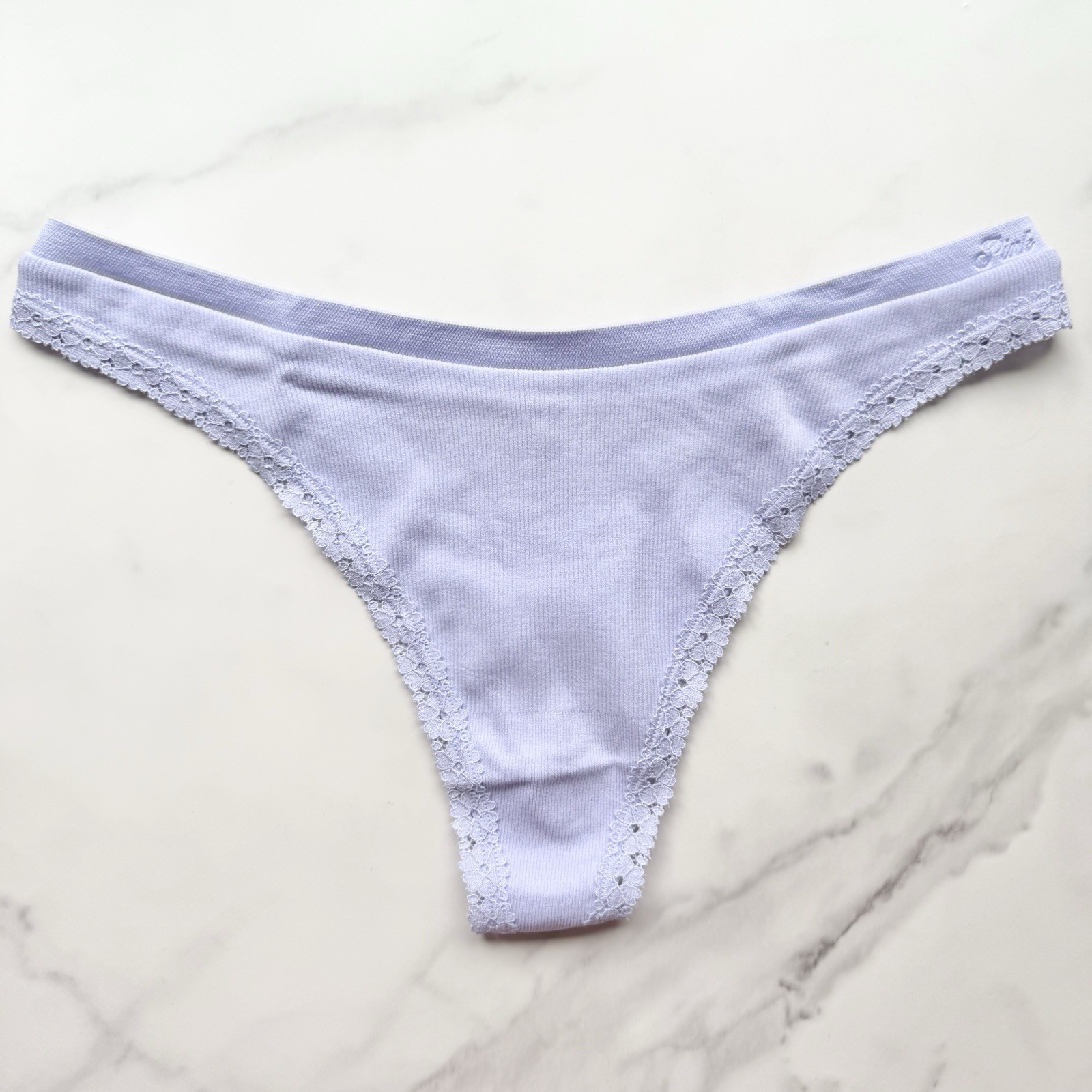 PINK Victoria’s Secret Seamless High-Leg Lace-Trim Thong Panty Purple Cloud S/M