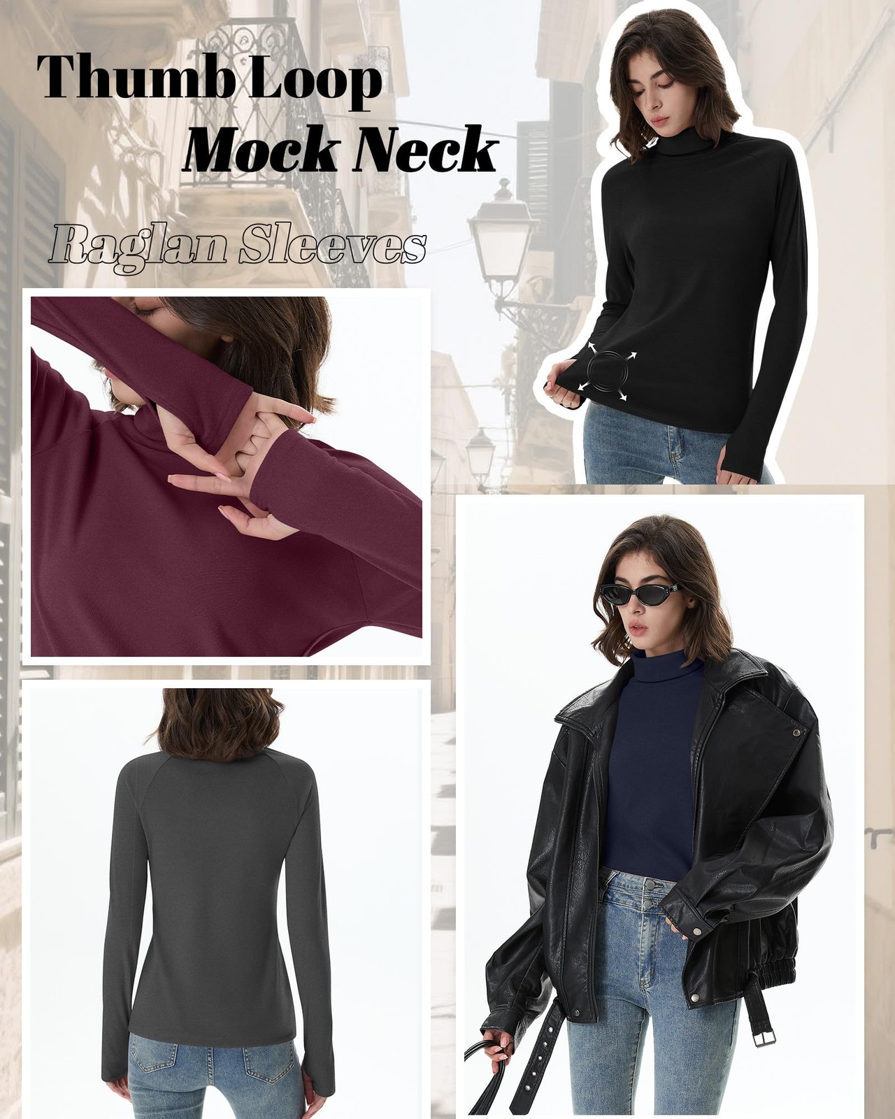 4 Pack Women’s Turtleneck Shirts with Thumb Holes Long Sleeve Thermal Tops El…
