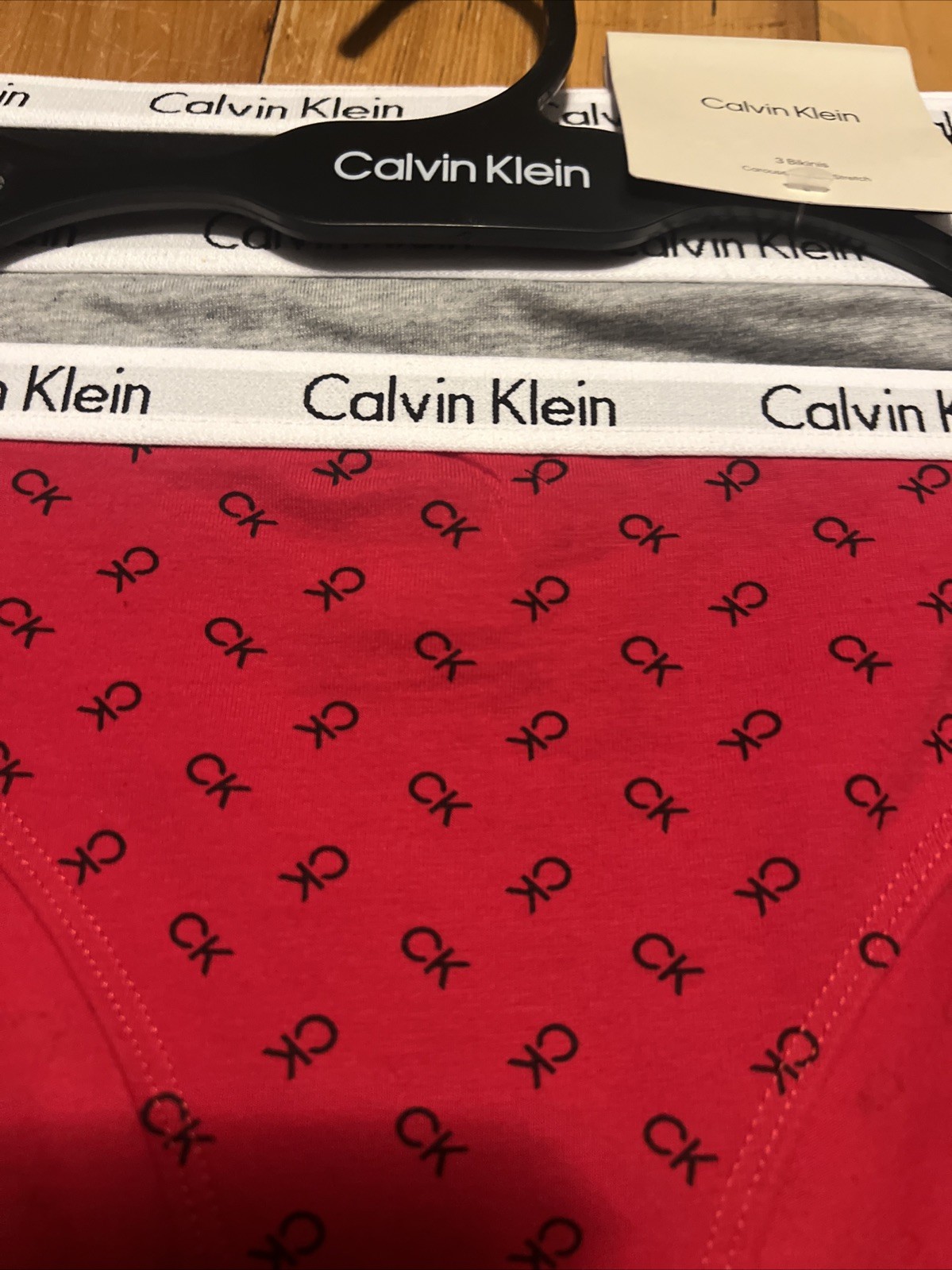 CALVIN KLEIN 3 pack Bikini SZ Large Cotton blend BLACK GRAY RED LOGO color NWT