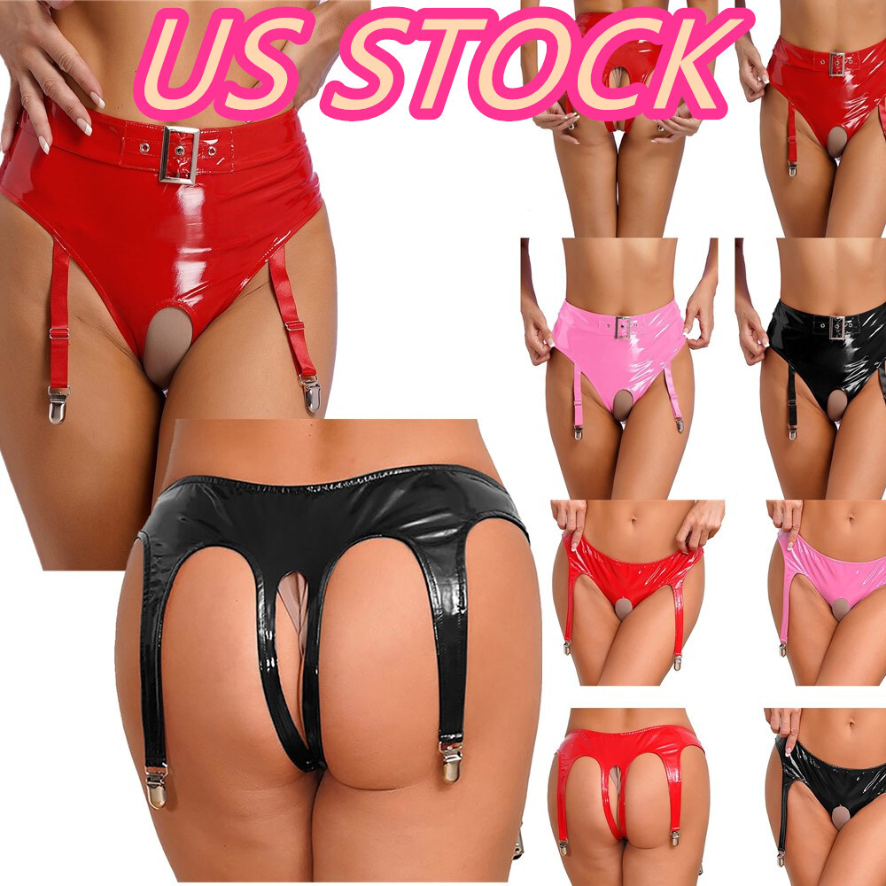Womens Shiny Leather Short Crotchless Briefs with Leg Garter Dance Bottom