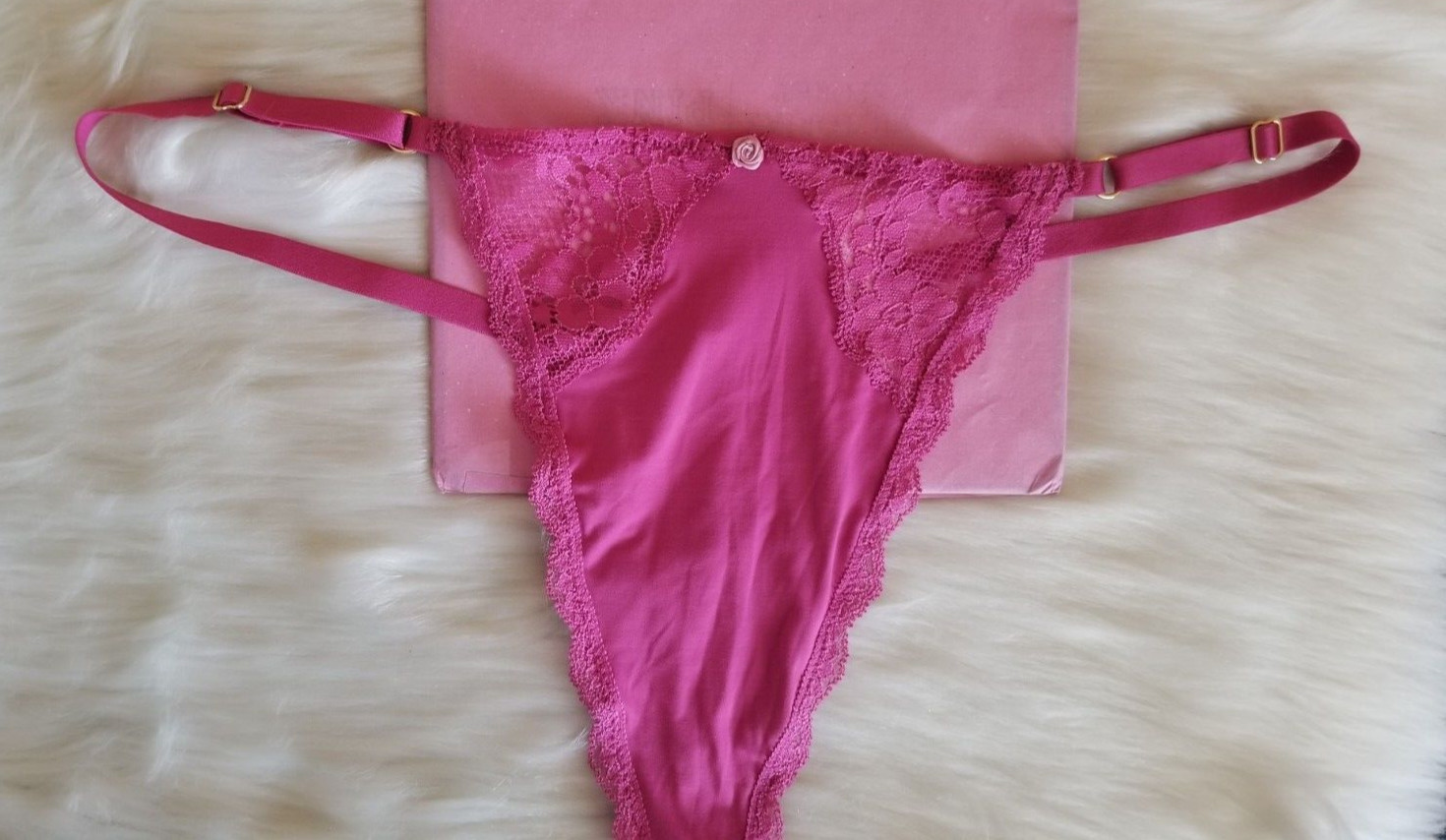 VICTORIA’S SECRET LACE TRIM ADJUSTABLE V-STRING THONG PANTY XL ROSE PINK NWT