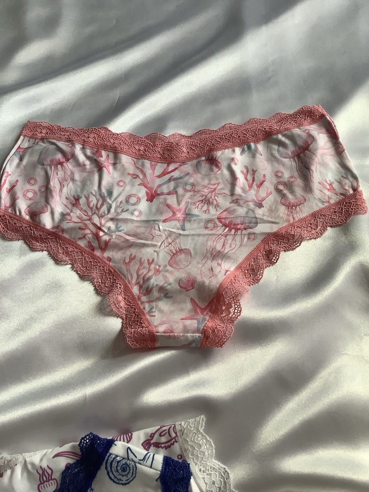 Women’s Teen Marine Life Bikini Brief Panties Lace Trim Stretch Blue Pink 3pk M
