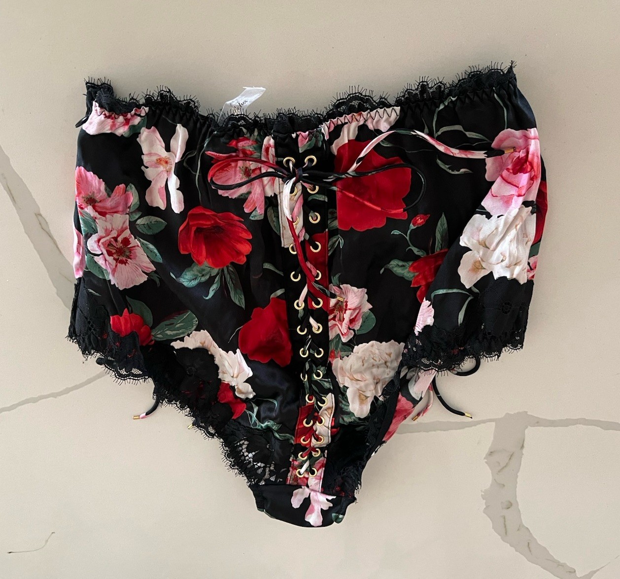 Victoria’s Secret Atelier Brief Panty Multicolor Floral Satin Lace-Up XS NWT