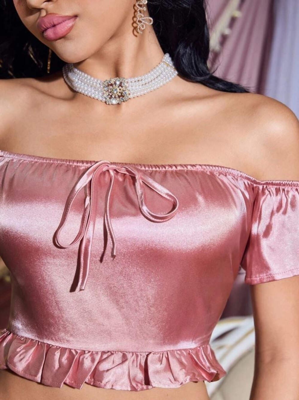 Women’s Satin Pyjama Set 2-Piece Off-Shoulder Crop Top & Ruffle Shorts – M / 10