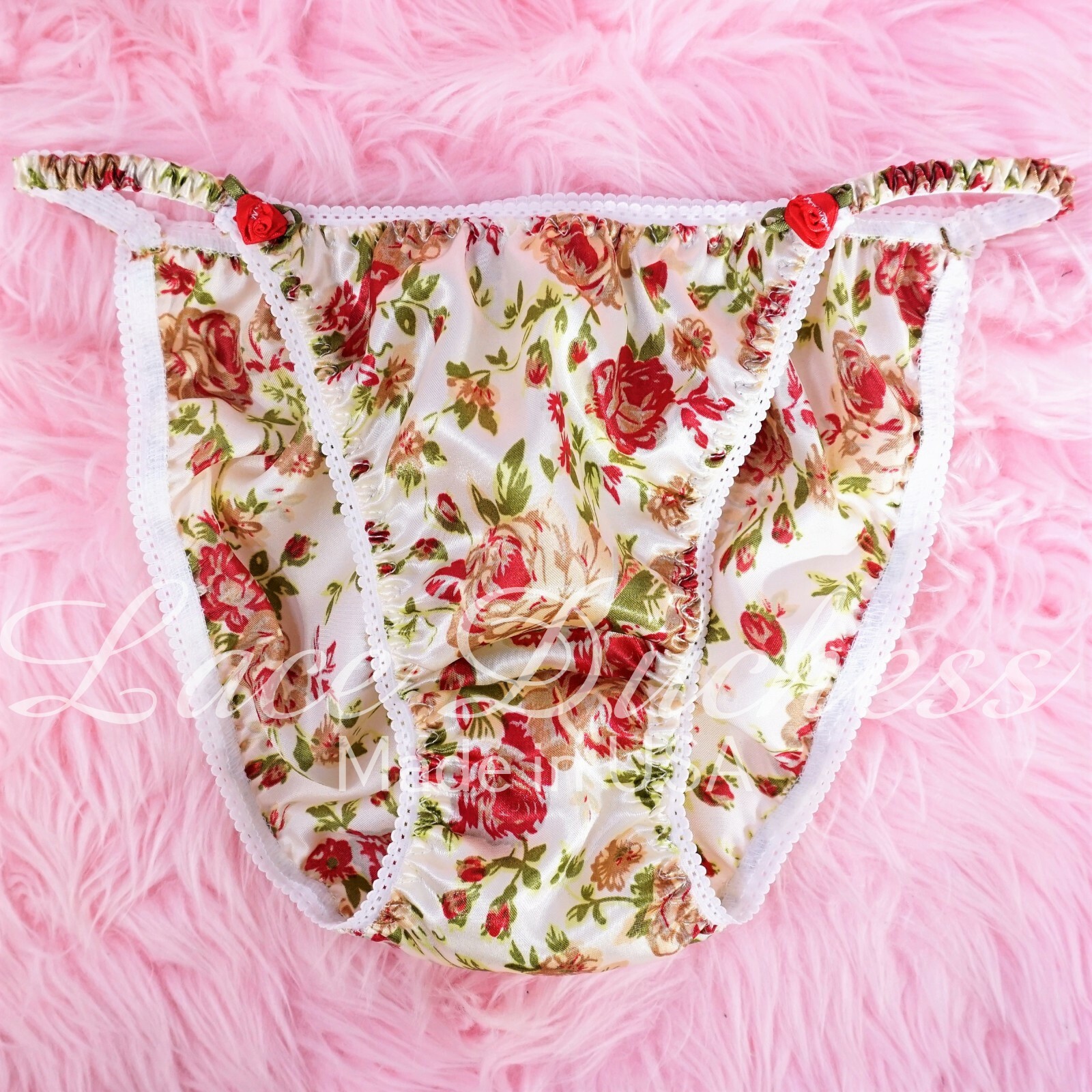 80s Style Sissy SATIN Floral ROSES Garden string bikini Panties Mens + Womens