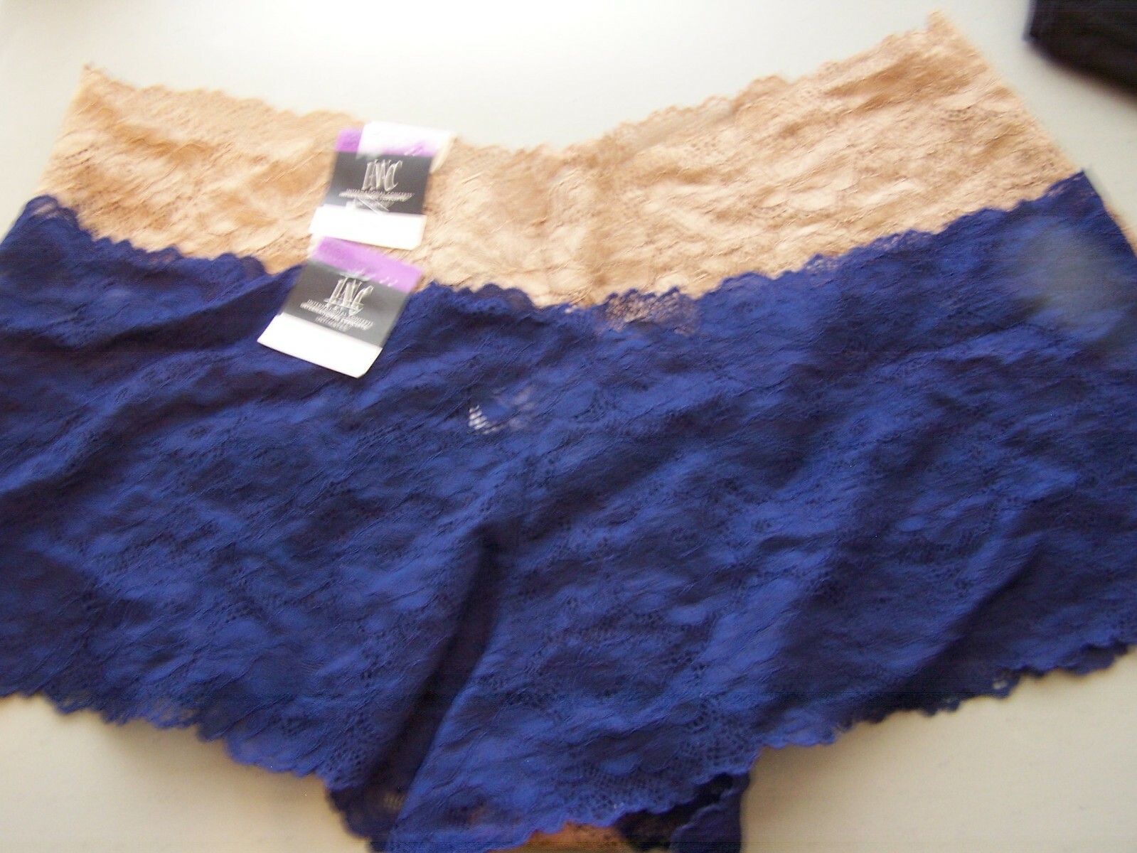 SET OF 2 PAIR – INC All lace Boyshorts one pair blue, one taupe Size XXL