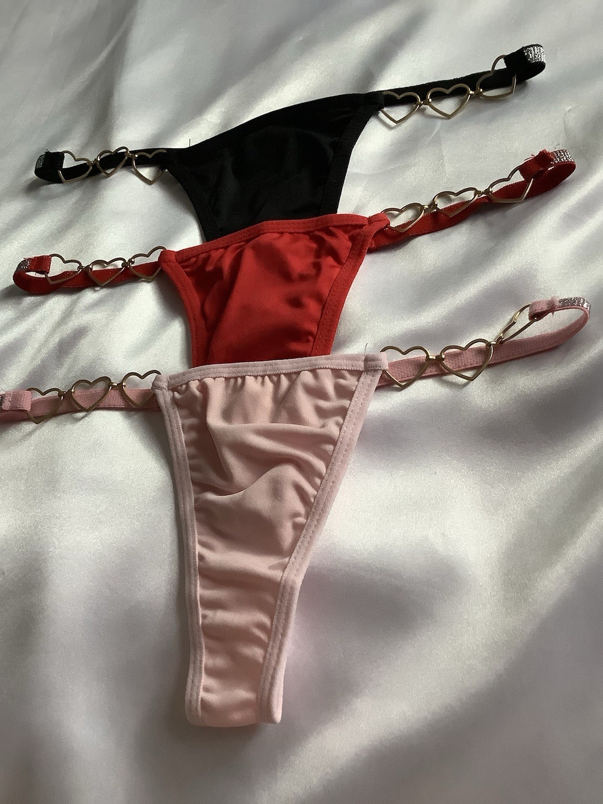 Women’s Satin Thong Panties Heart Charm Strap Red, Pink, Black 3pk Small