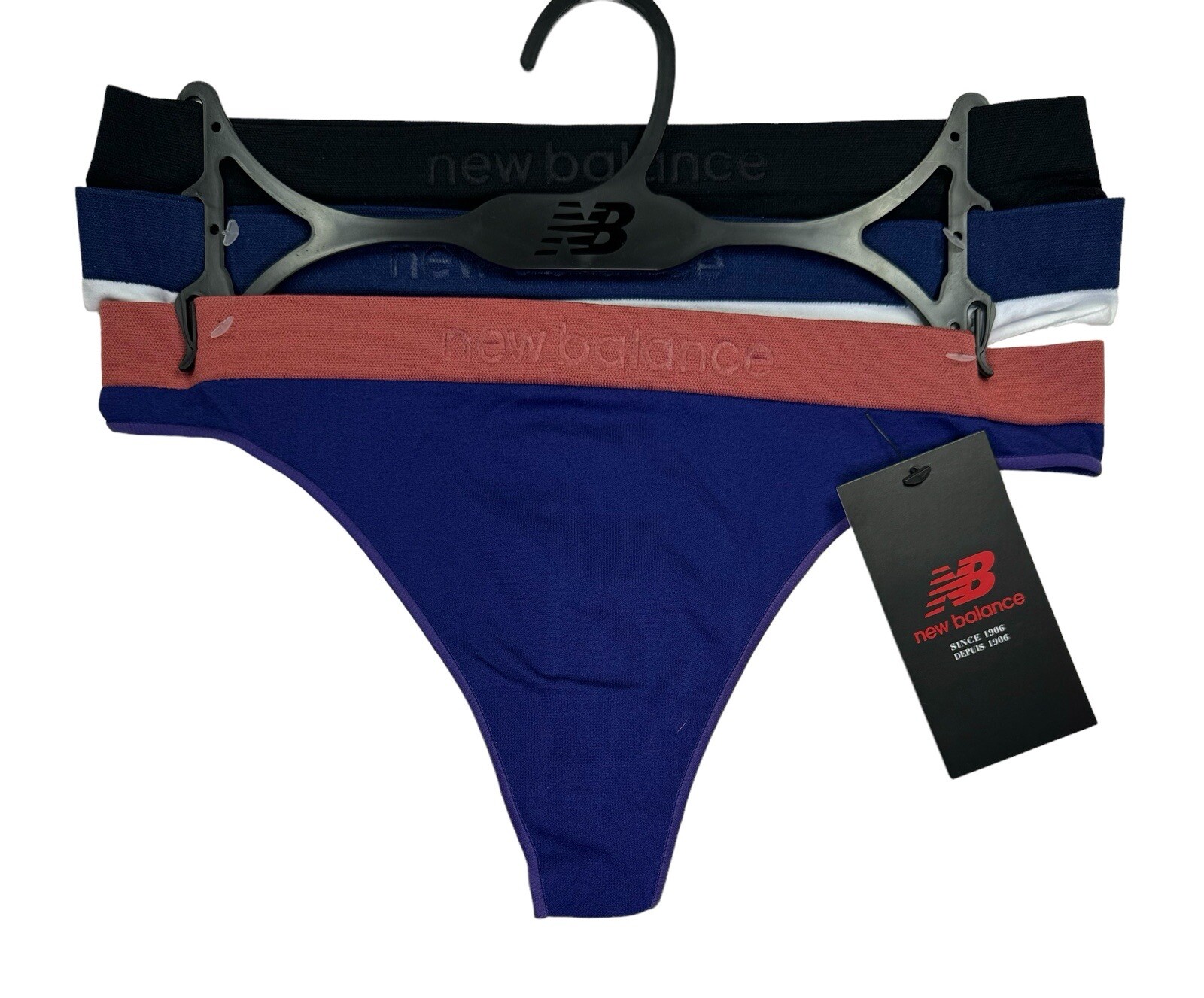 NEW BALANCE Athletics Women 3-Pack Thong Panty Underwear LOGO Nylon Blend Size L