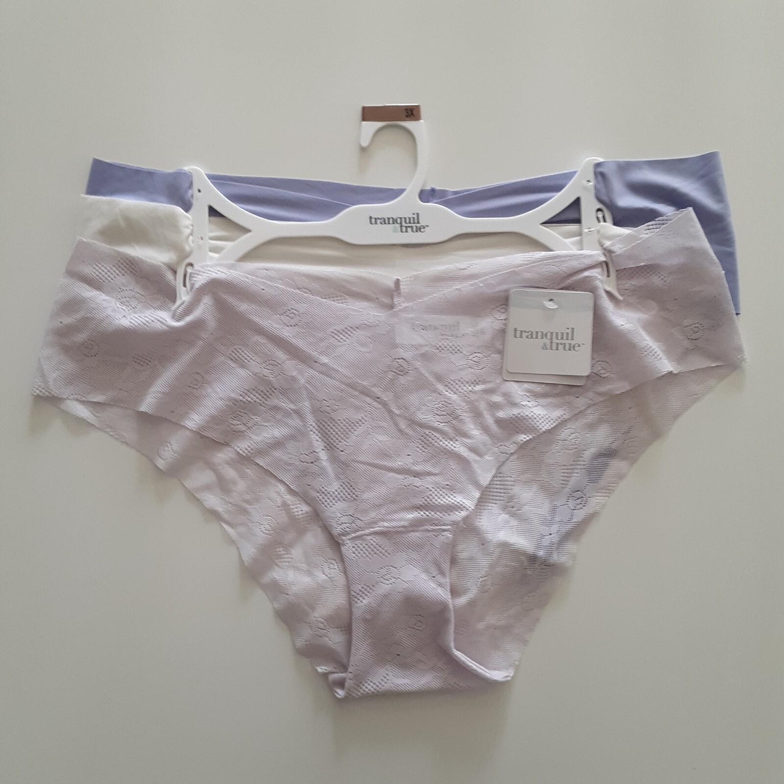 Tranquil & True Womens Size 3X Cheeky Panties Matte Lace Purple Ivory 3 Pack