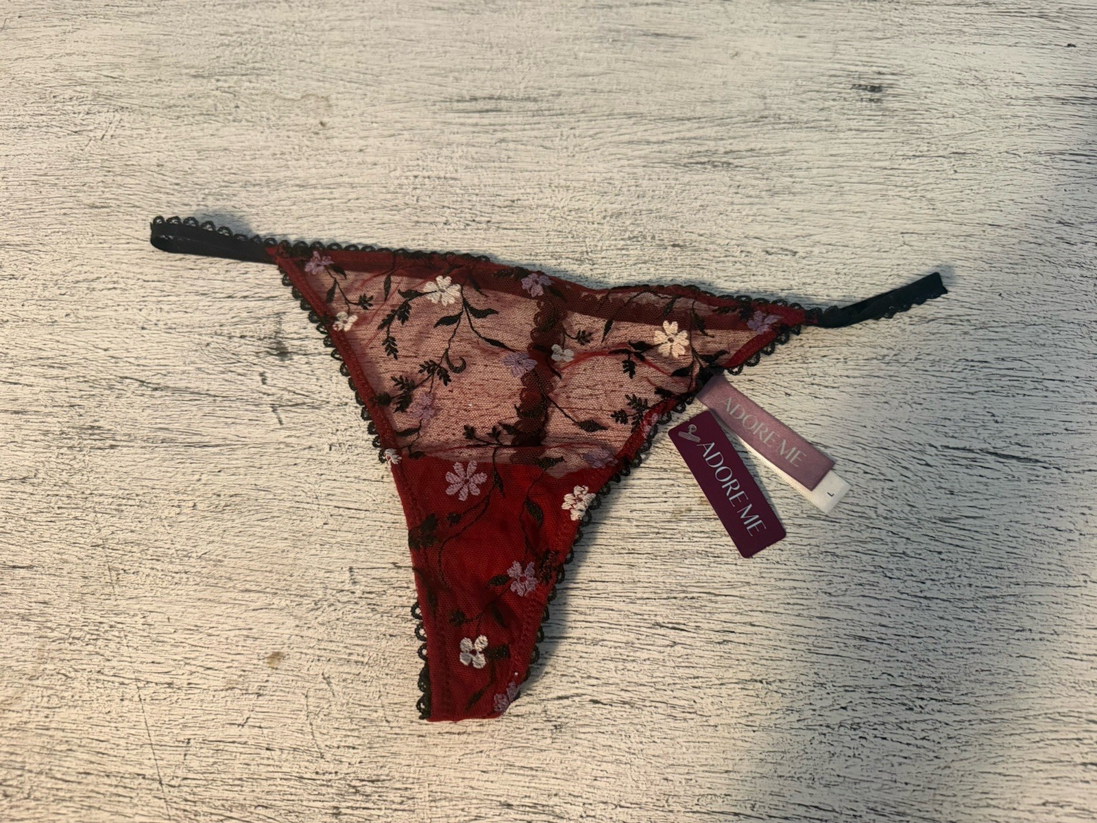 Adore Me Women’s Thong Panty Size L Burgundy Black Floral Lace Sheer NWT