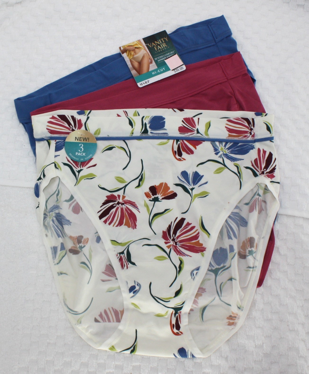 NWT 3 pack VANITY FAIR Beyond Comfort HI CUT 13430 BLUE MAUVE pink IVORY FLORAL