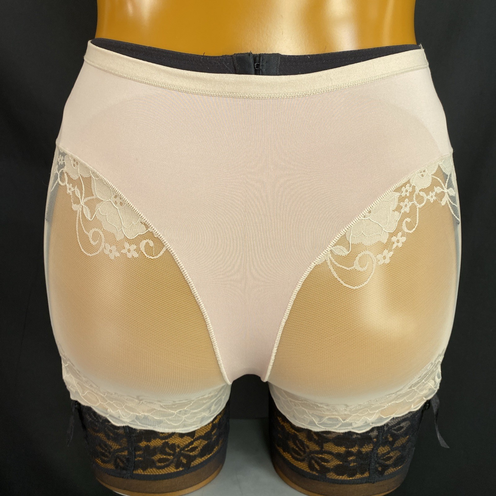 Knickers/Shorts, Nude Slippery Satin Poly, Floral Embroidered Sheer Mesh Size L