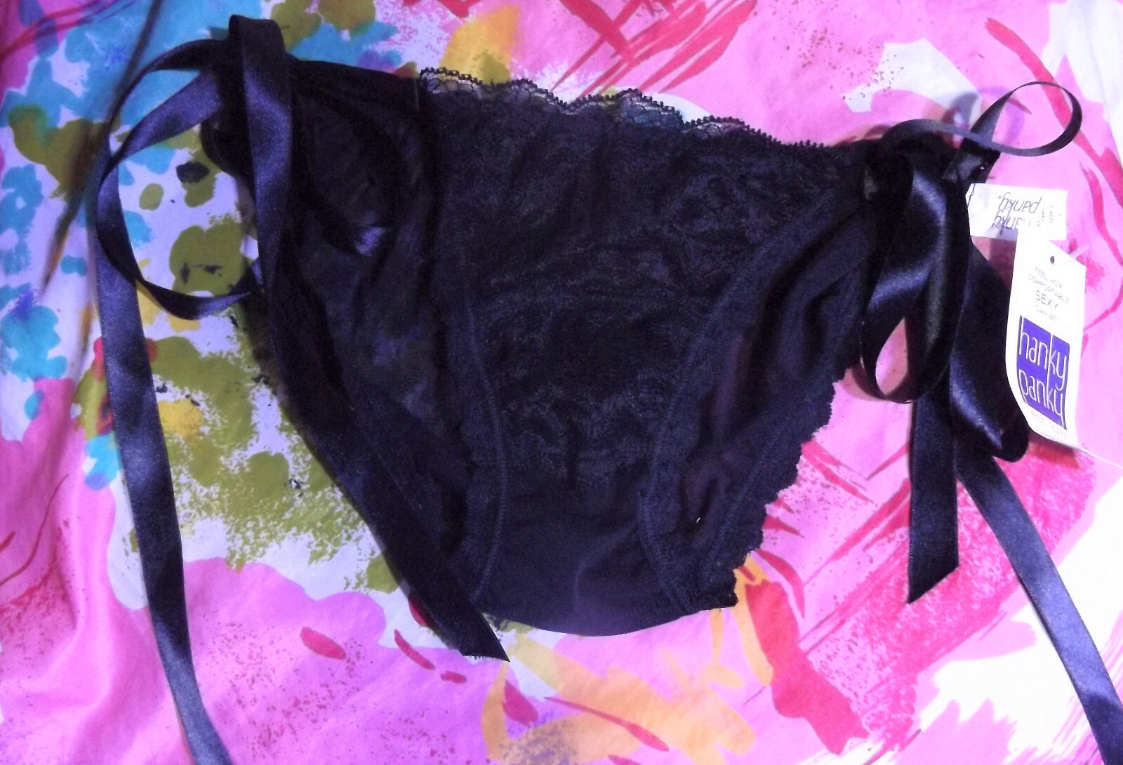 NEW HANKY PANKY 3Z2816 BLAC LACE & MESH SIDE TIE BIKINI PANTY S