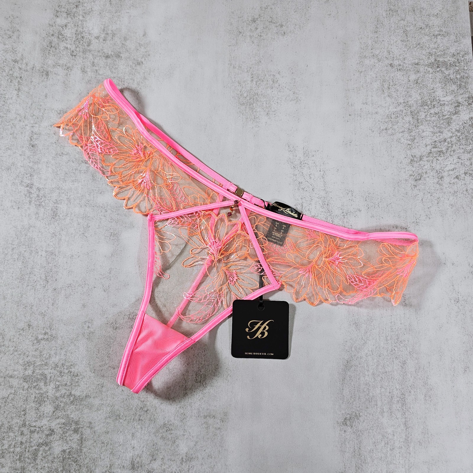 Honey Birdette Lily Neon Pink & Orange Embroidered Floral Thong Panty Size L
