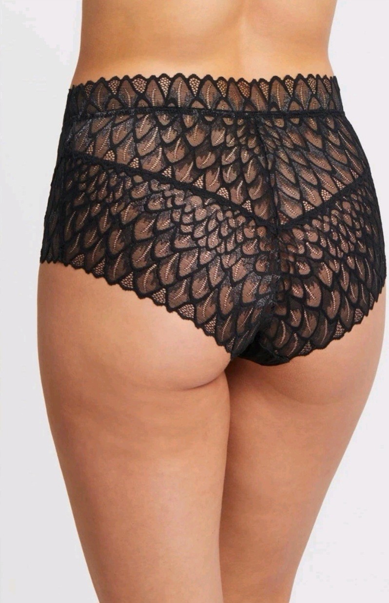NWT Montiel’s Intimates Lacy High Waist Brief Feather Pattern Black/Silver Sz L