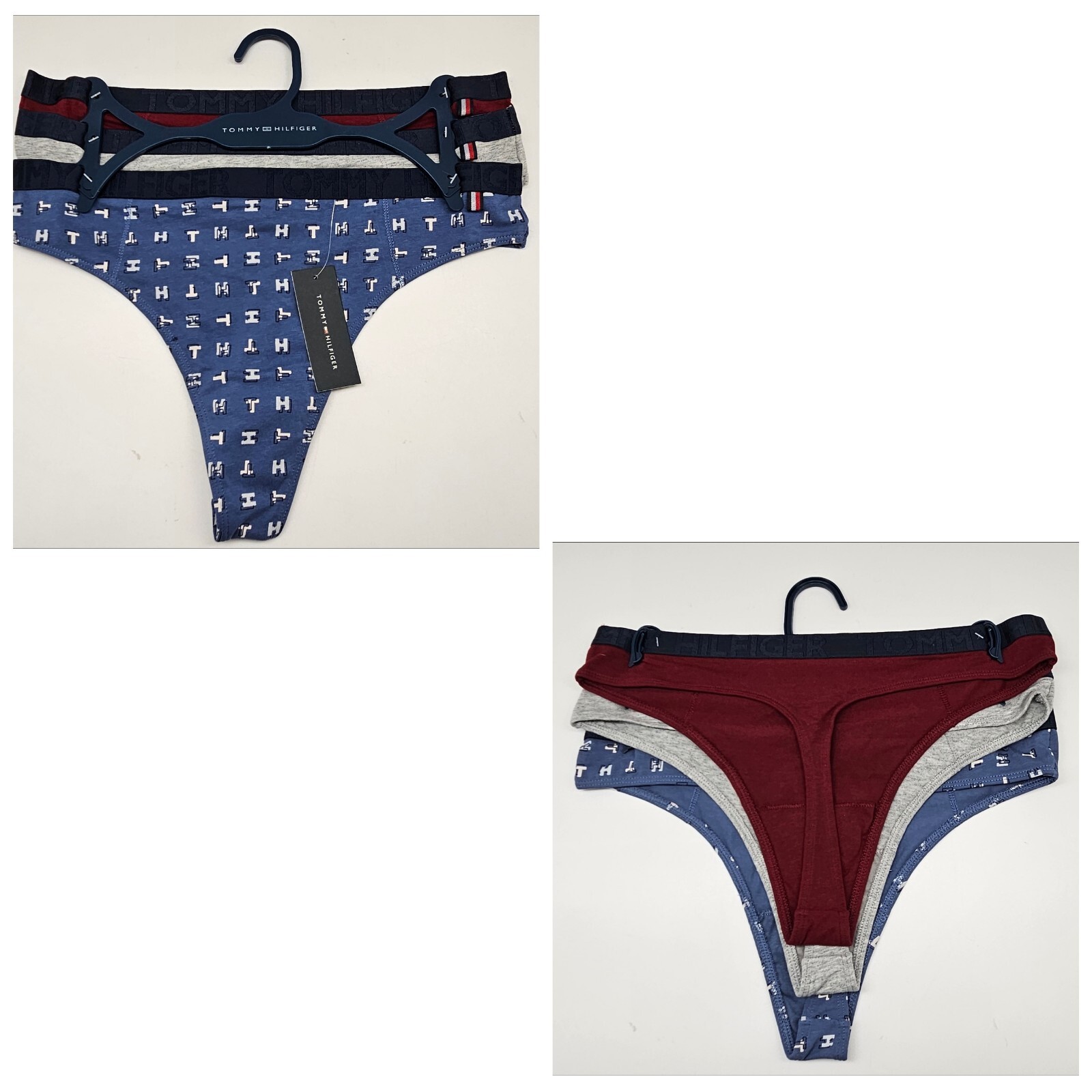 TOMMY HILFIGER 3 Pack Women’s M L Logo Soft Cotton Thong Panties Navy Gray Red