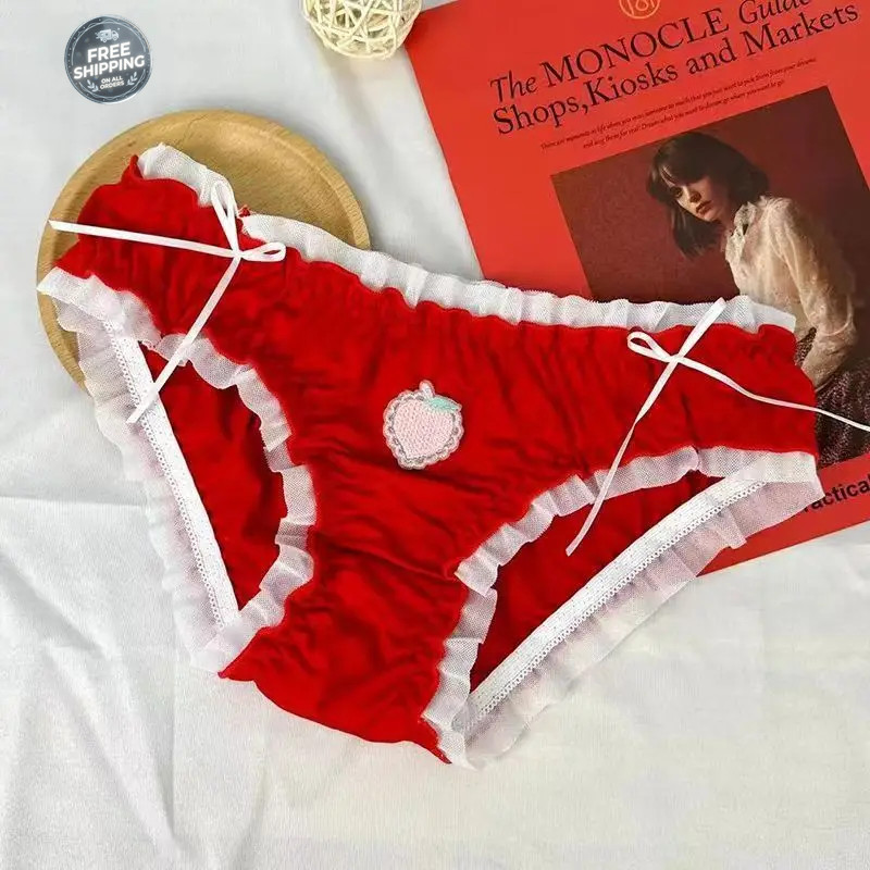 Strawberry Panties Women Satin Sweet Ruffle Briefs Cute Peach Kawaii Underwear