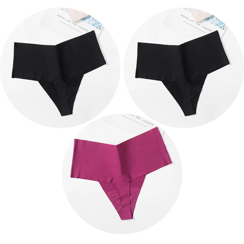 Seamless Satin Thong Panties High Waist Women’s V Cut Stretch Underwear 3 Pcs