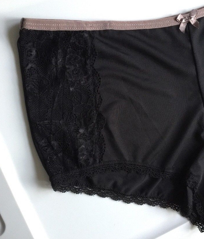 Womens Black Boyleg Panties Size 3X Solid Sexy Black Lace Insets Taupe Trim NWT