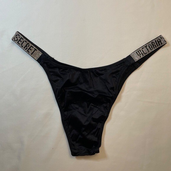Victoria’s Secret Panties M Black Very Sexy Brazilian Rhinestone Strap Logo New
