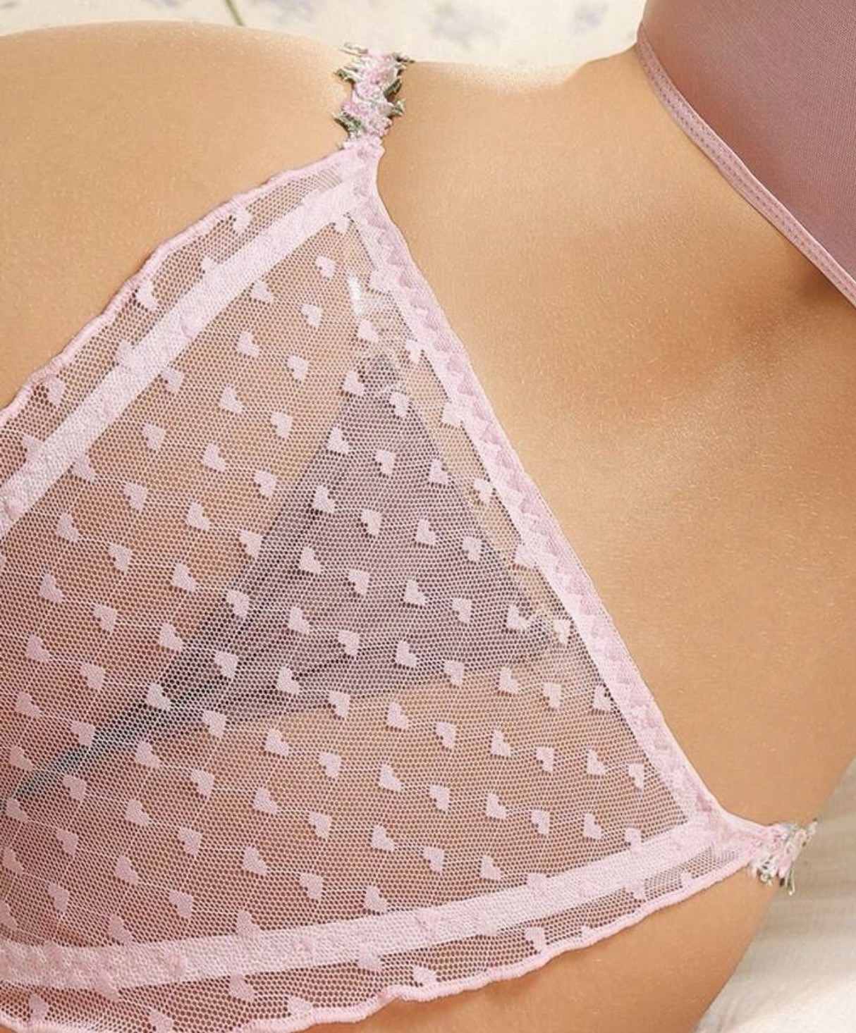Sheer Pink 💕Mesh w Floral Embroidered Detail String Bikini Panties XL NEW