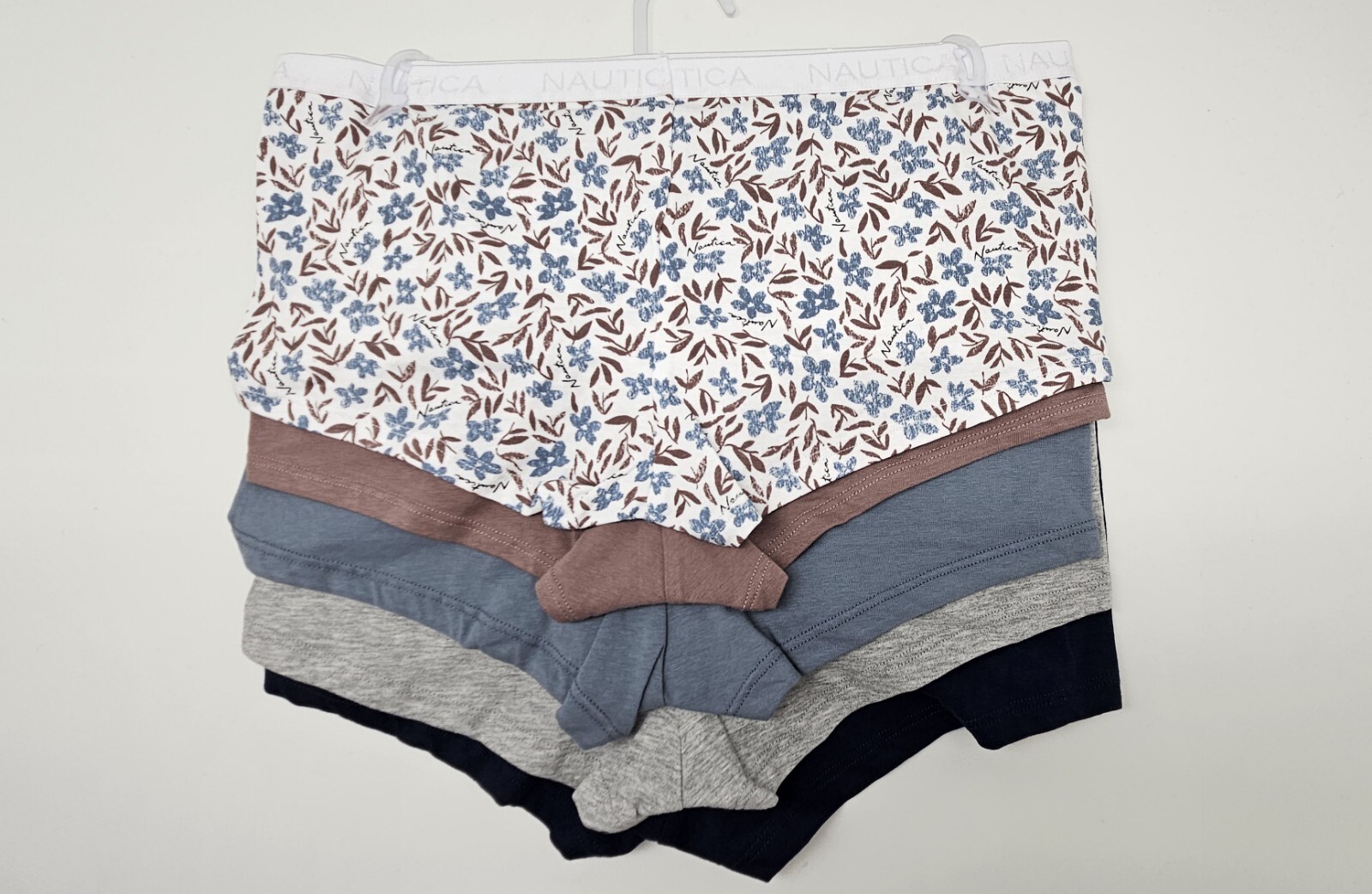 NAUTICA 5 Pack Women’s M L XL Cotton Logo Boy Shorts Navy Blue White Gray Brown