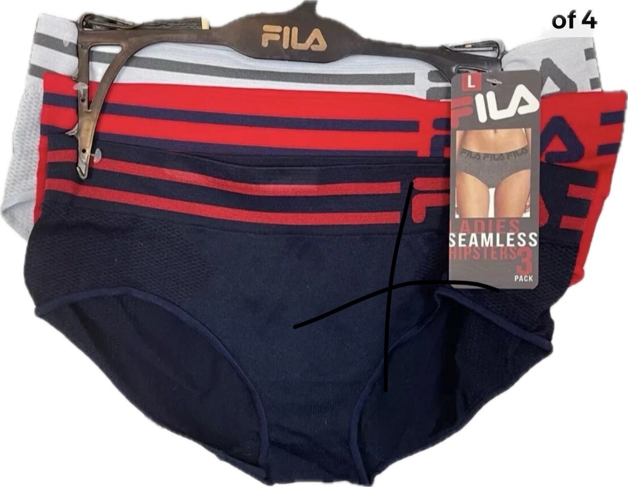 Fila L Red-Navy-Gray Striped Name Logo Waistband Seamless Hipster Panties-3-Pk