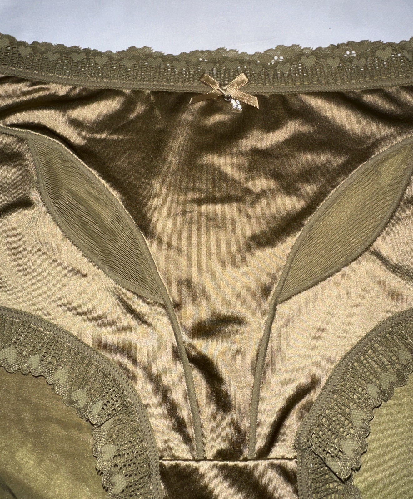 ~Shiny Large Olive with Gem Nylon Lace Blended Panties W/Bow and Gem New Size L