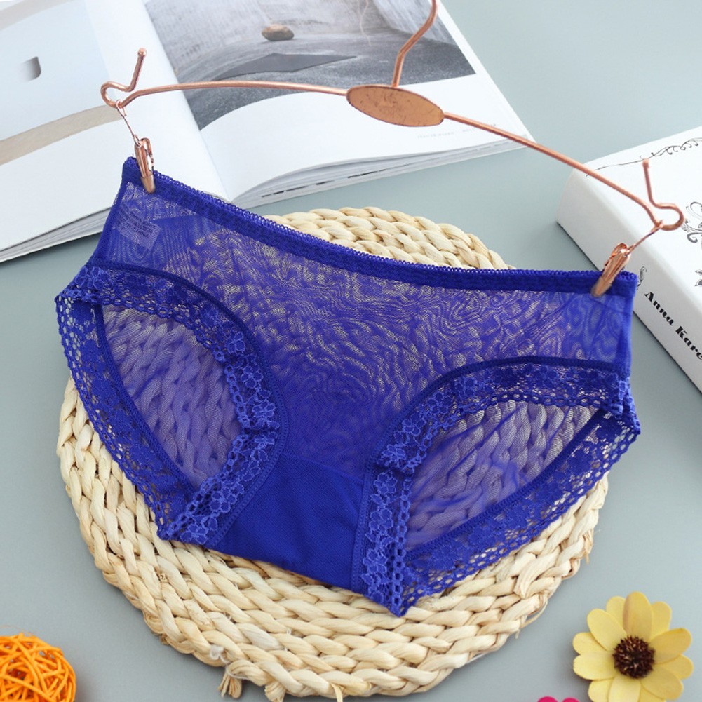 Womens Low Waist Transparent Lace Mesh Briefs Solid Color Nylon Spandex Blend
