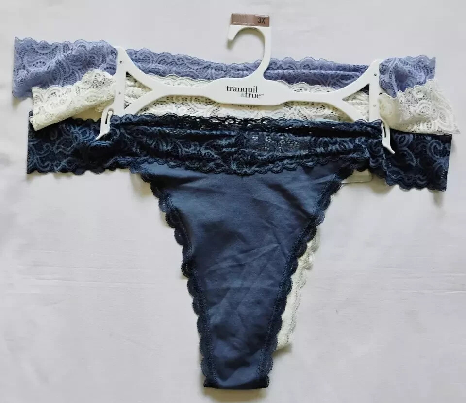 Tranquil & True 3-Pack Cotton/Lace Thongs Size 3X Multicolor (LOT OF 2 PACKS)