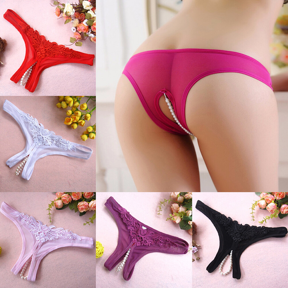 6/3Pack Women’s Crotchless Thongs G-string Knicker Pearl Panties Night Underwear