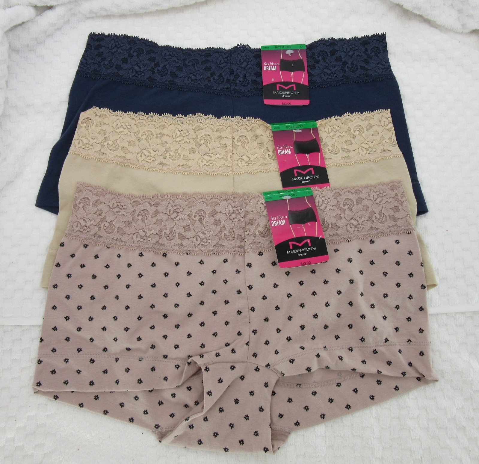 NWT set of 3 MAIDENFORM dream BOYSHORTS 40859 BLUE BEIGE TAUPE FLORAL BLACK 7/L