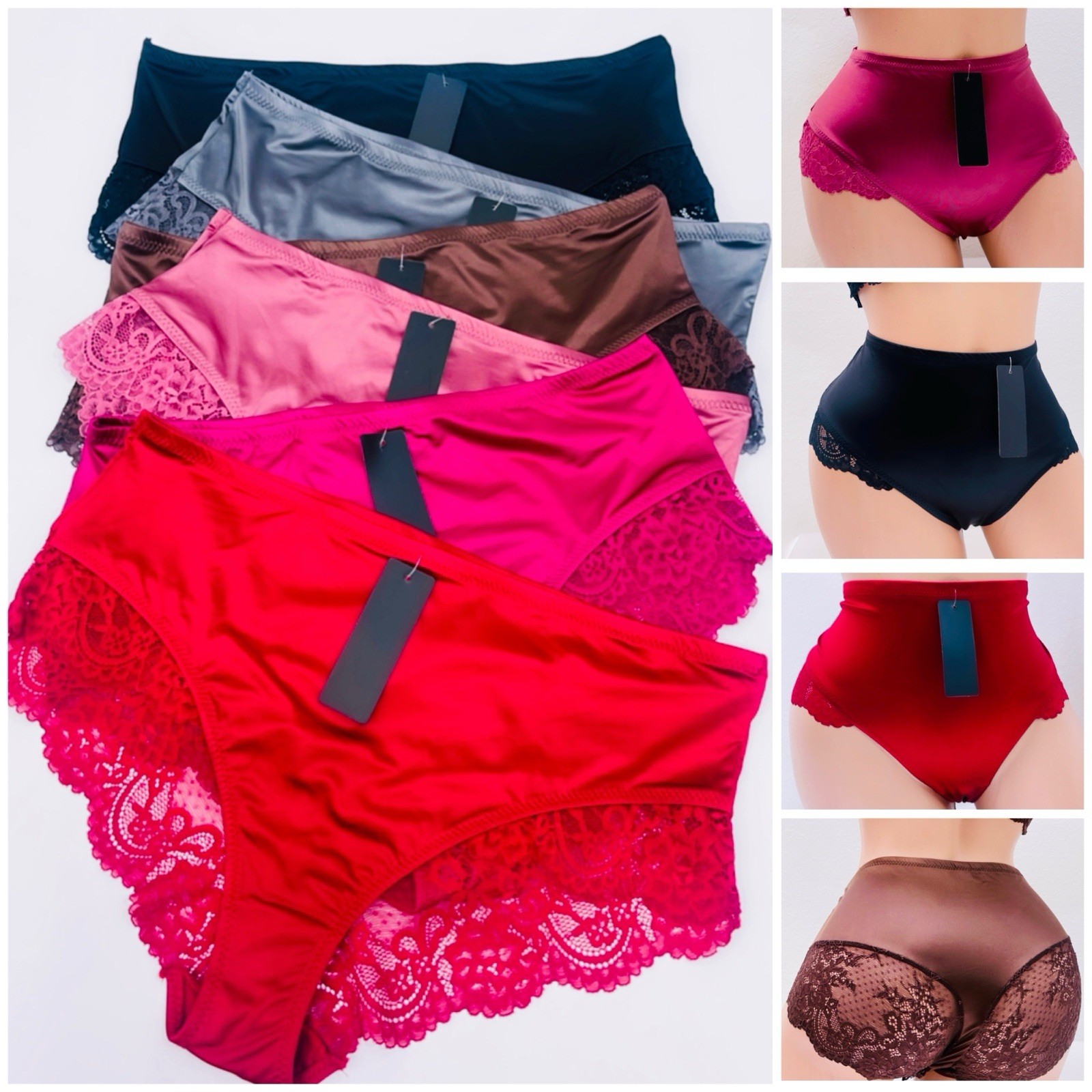 6 Pack Lot Satin Panties Sexy Brief Underwear Sheer Lace Vintage Lingeries 2XL