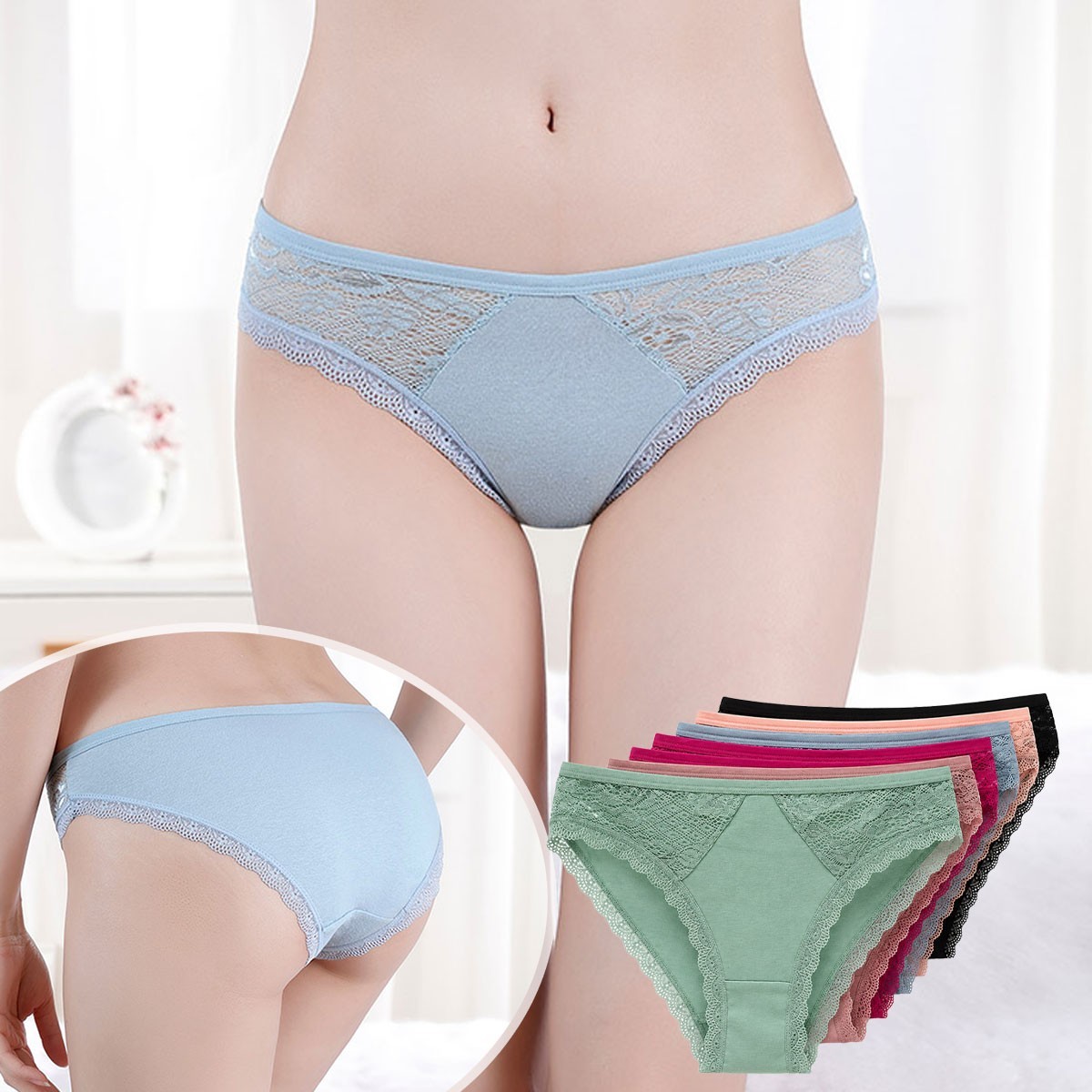 6 Pack M L XL Women Cotton Bikini Panties Lace Trim Soft Stretch Underwear Brief