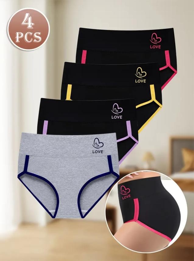 4 Piece Spliced Triangle Pants Printed Sports Women’S Underwear Elastic Waist