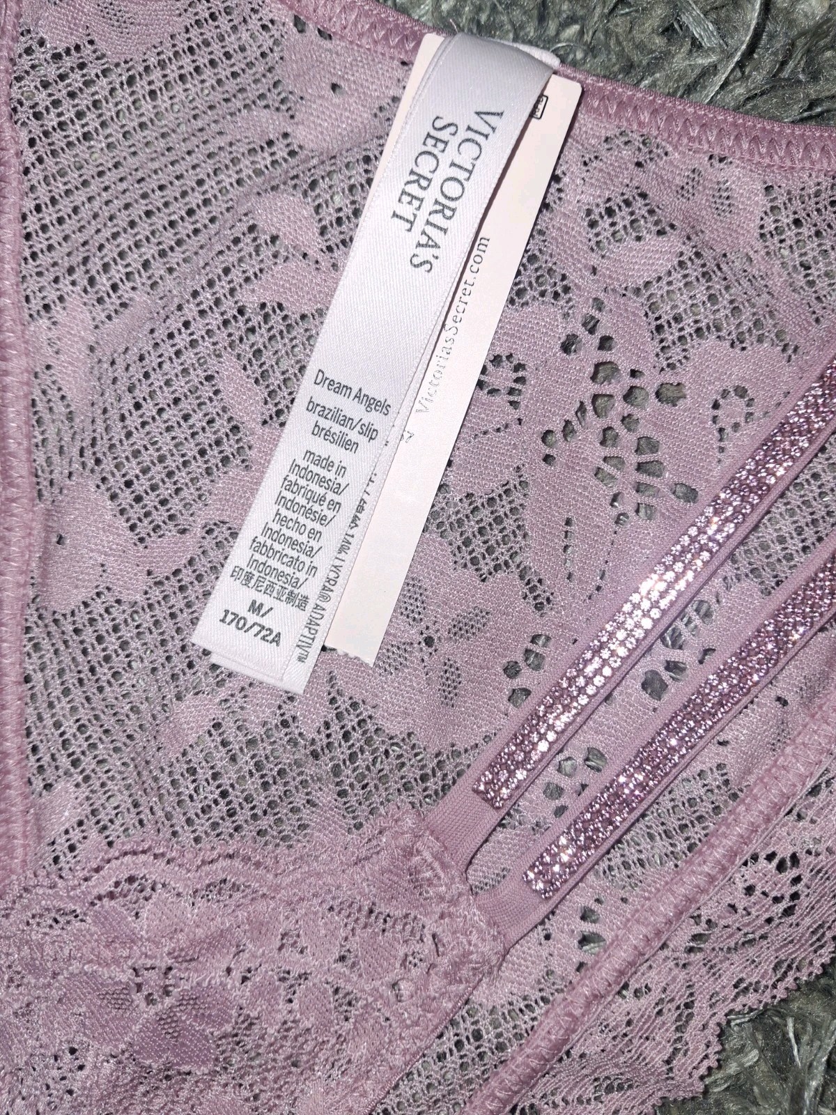 VS shine rhinestone Dbl strap Lace Brazilian panty new size Medium Dusty Mauve