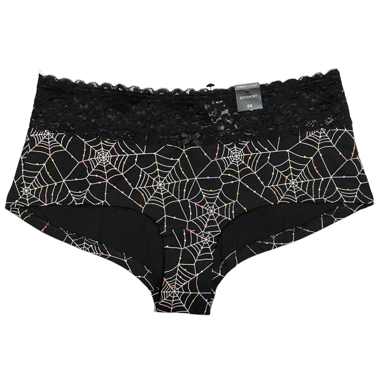NWT TORRID Boyshort Pantie Sz 00X-1X-2X-3X Black Jersey Lace Spider Webs