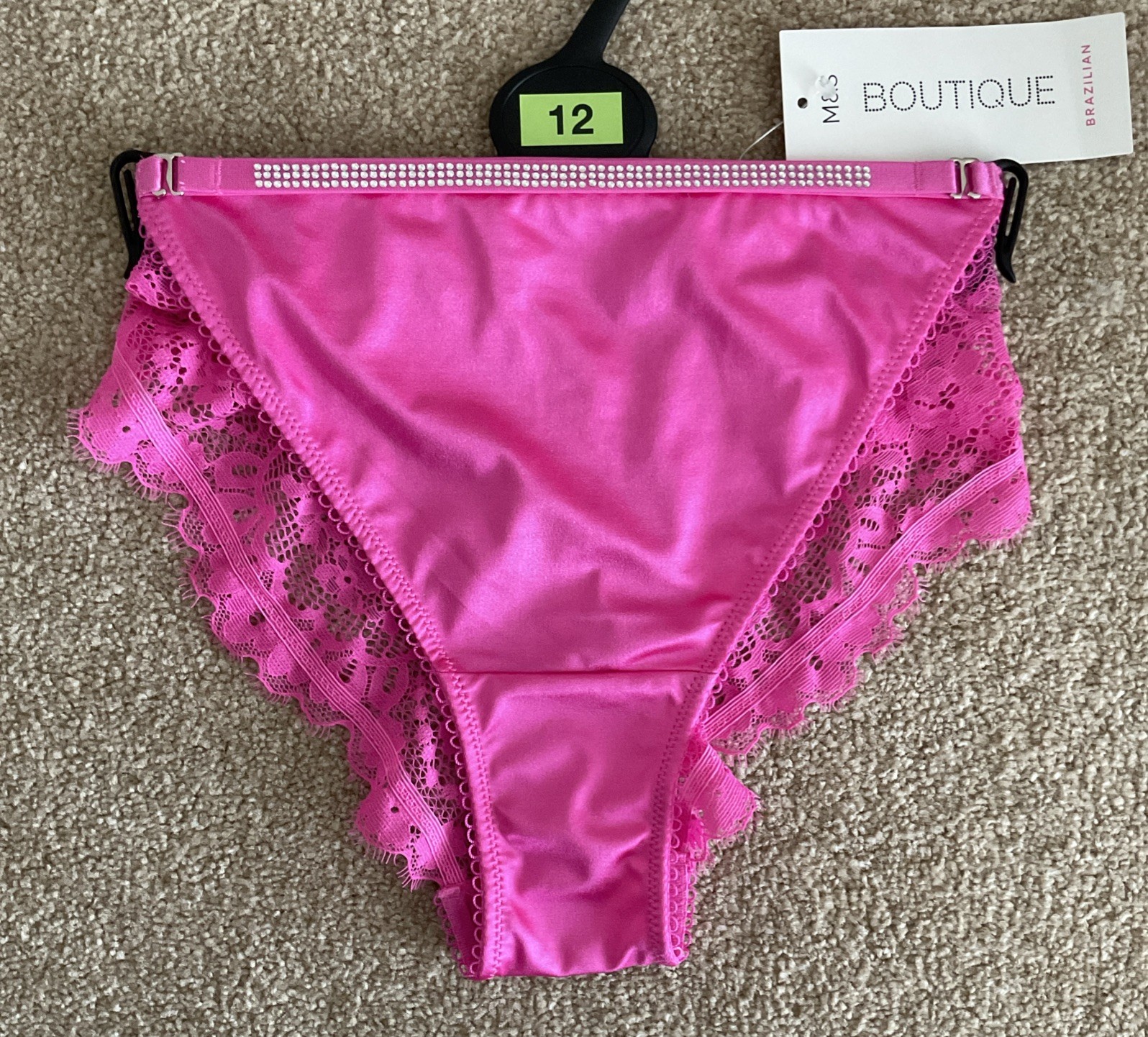 M&S Size 12 Boutique Aleksandra Satin Lace Brazilian Knickers Neon Pink Diamanté