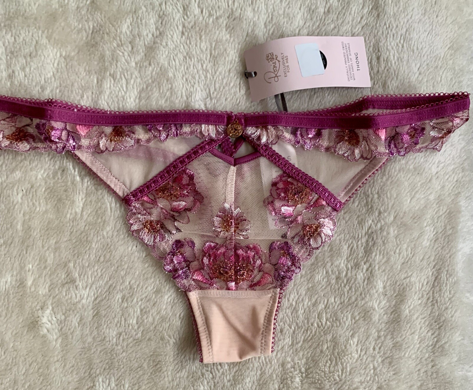 BNWT M&S Rosie Swiss Embroidery Thong in ‘Berry’ UK 10
