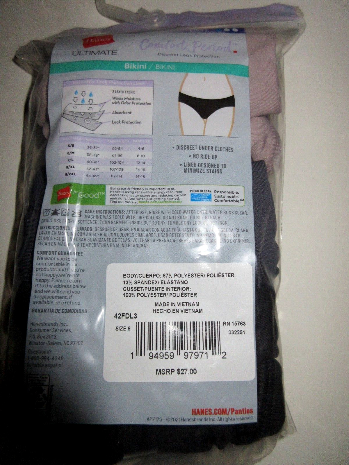 Hanes 3-Pack Womens Period BIKINIS Leak Protection Underwear Panties ~ XL/8 NIP
