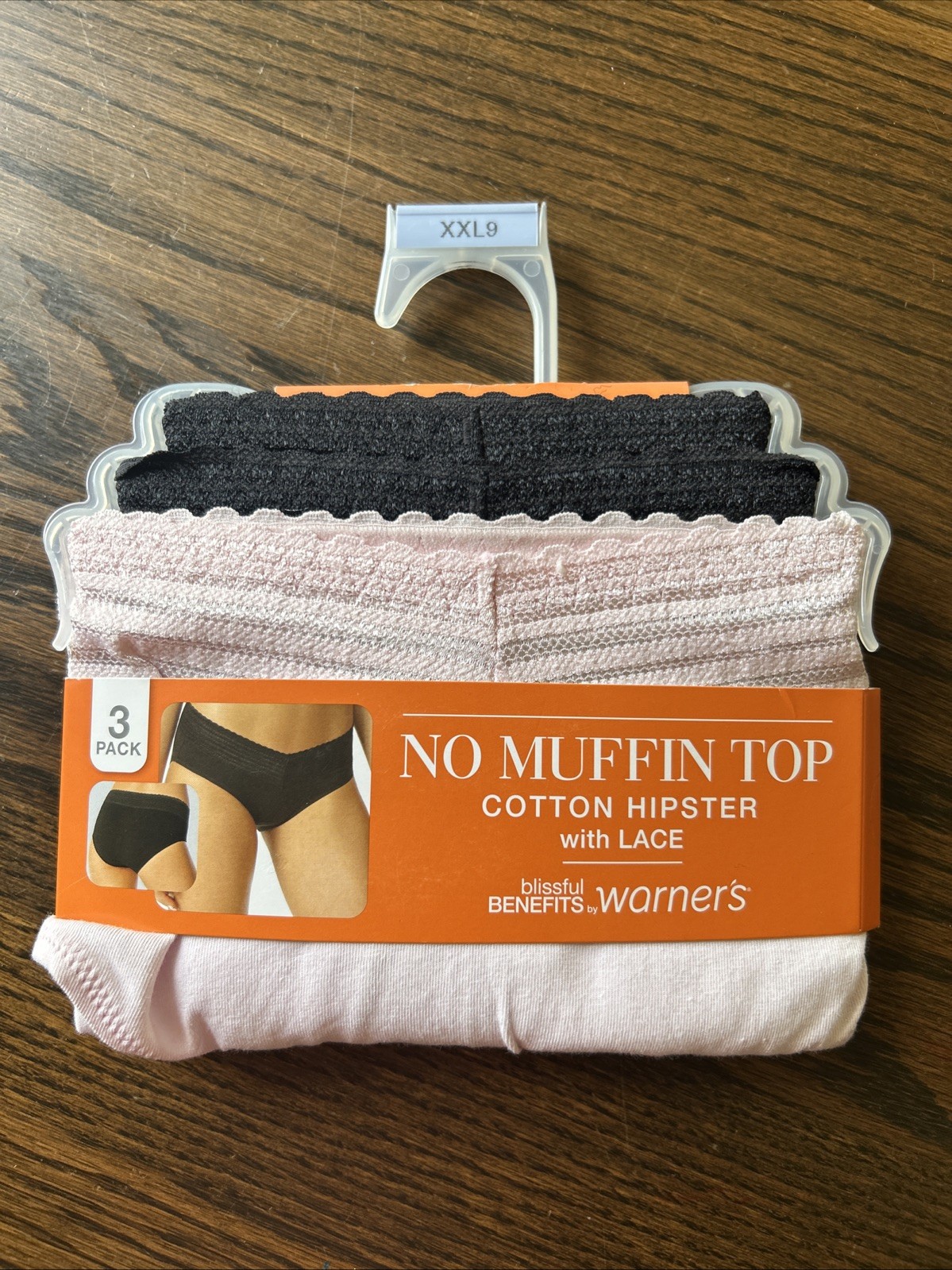 Warners Women 3pk No Muffin Top Cotton Hipster Lace Panties 2XL Pink Black Grey