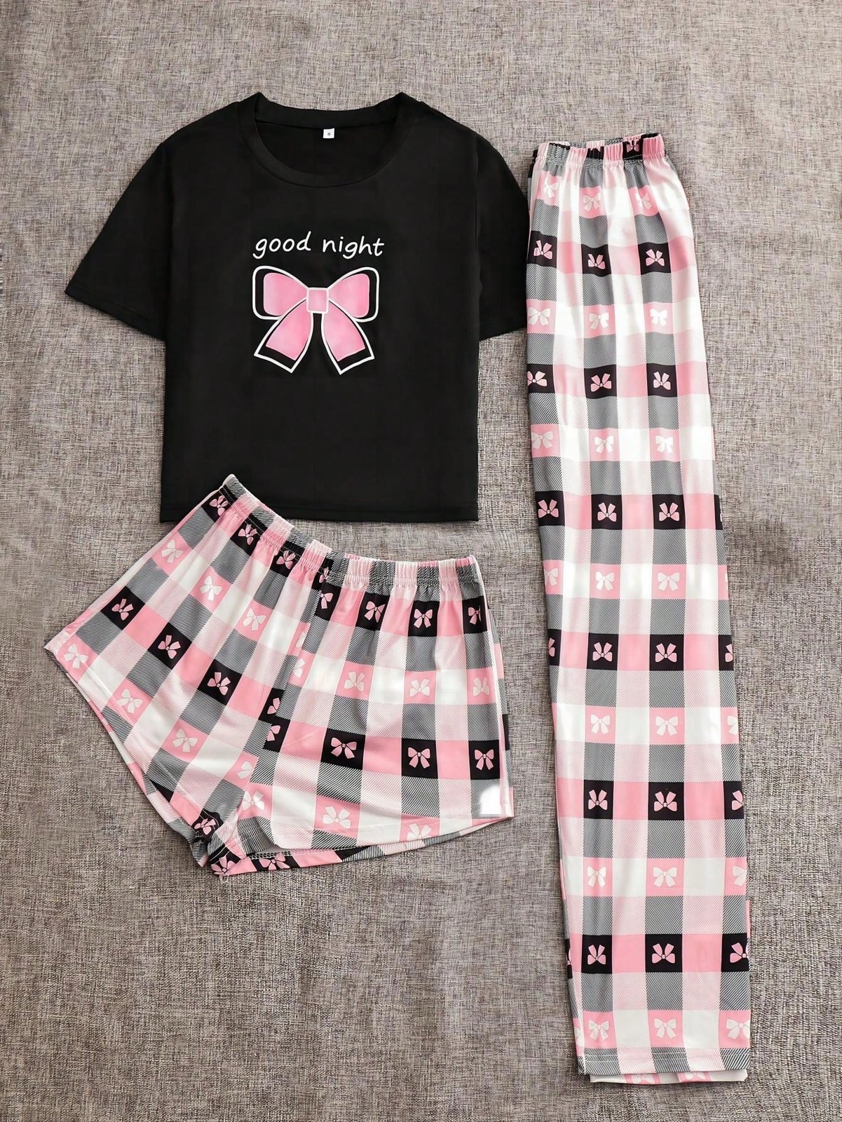 Ladies Chic Bow & Check T Shirt Shorts Pyjama Set Cheap24