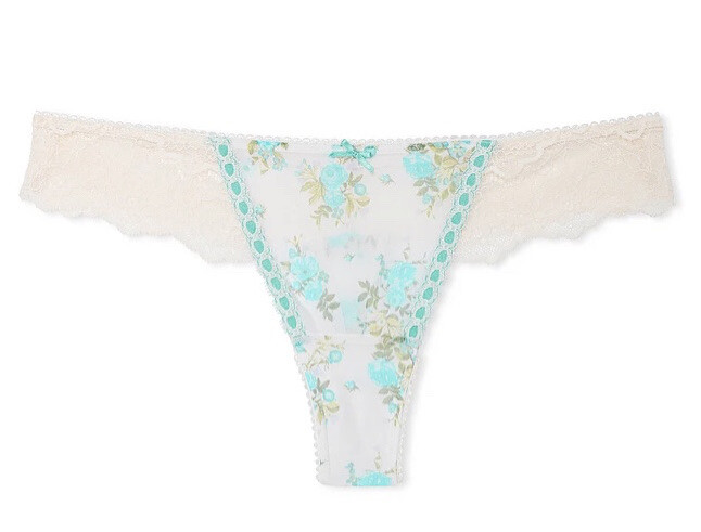 VICTORIA’S SECRET LACE RIBBON-SLOT WHITE/BLUE FLORAL PRINT THONG PANTY SMALL NEW